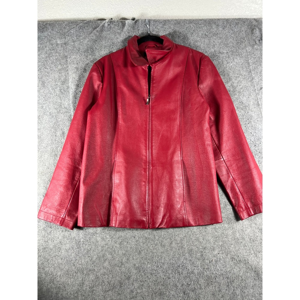 Dialogue Nappa Leather Zip Front Jacket Womens Large Red Tailored Lightweight